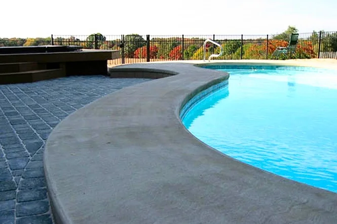 Curved edge of the Manatee pool beside a patterned concrete deck